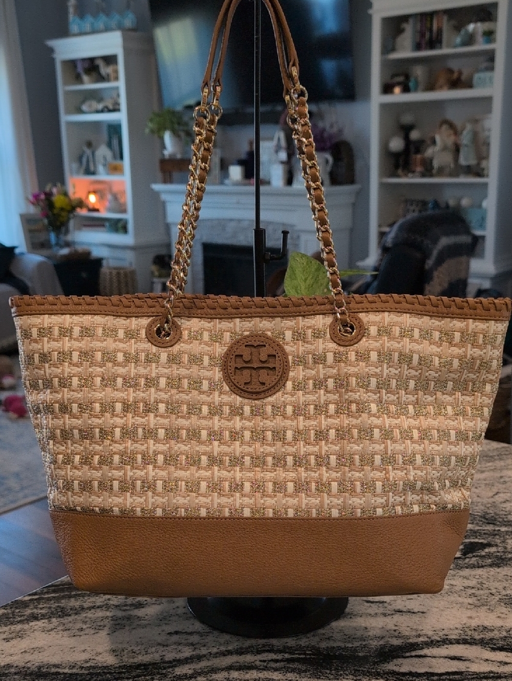 Tory Burch Woven Cream & Gold Tote w/Tan Leather Trim